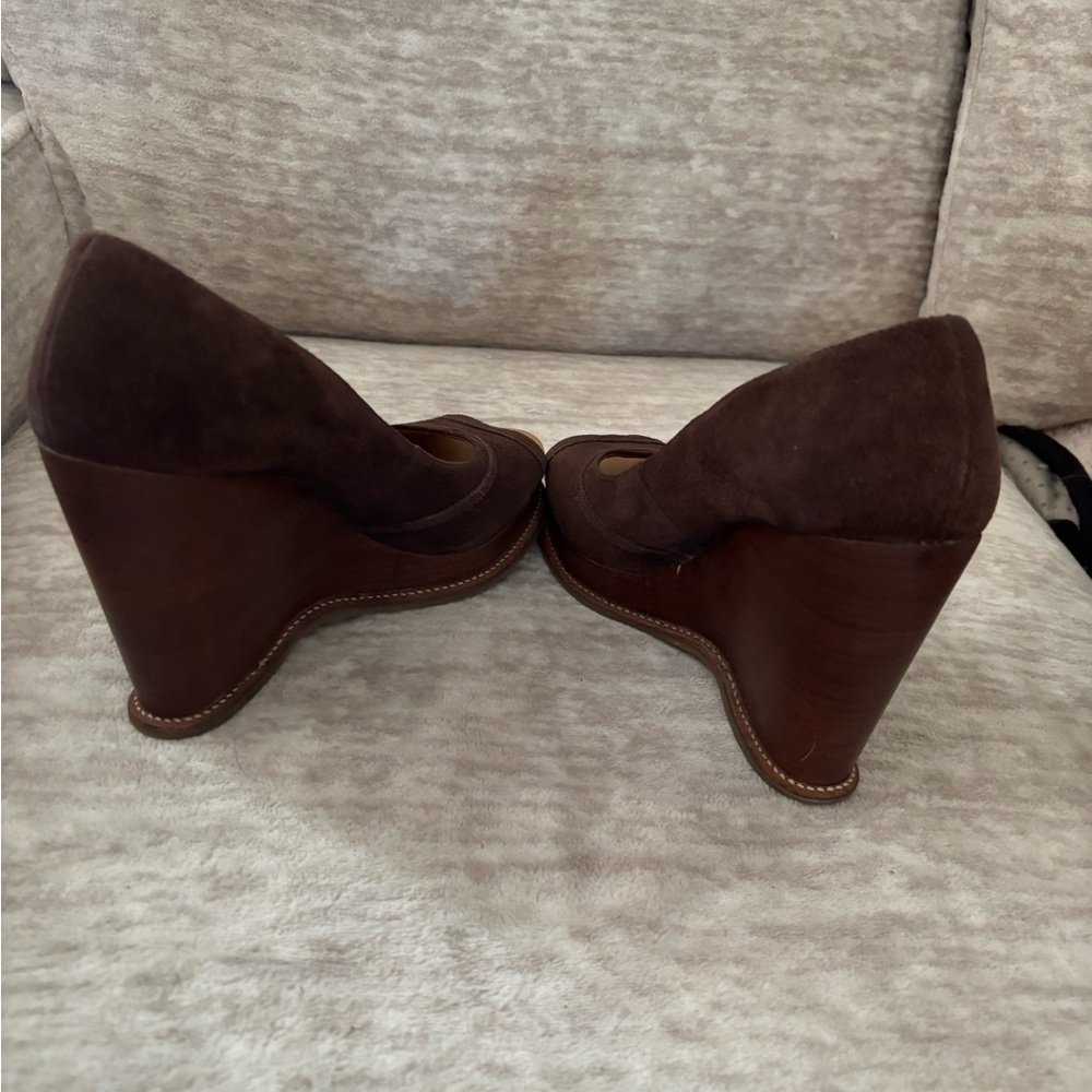 Michael Kors Brown Peep-Toe Suede Wedges - Picture 9 of 11